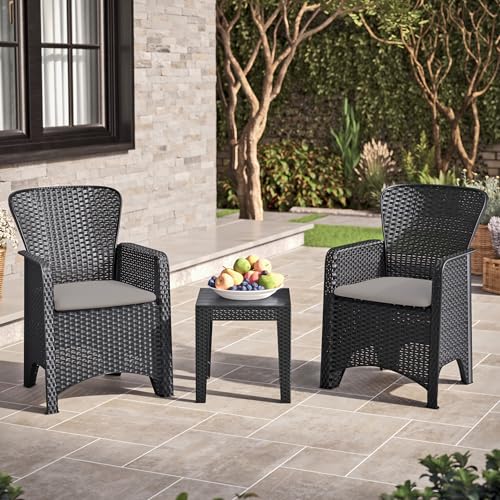 URBN GARDEN 3 Piece Black Garden Coffee Table & Chairs Bistro Set Outdoor Patio Rattan Style...