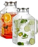 2 Pack 1 Gallon thickened Square Glass Pitcher with Lid, Classic Stripes Water Pitchers for Fridge, Borosilicate Glass Carafe for Hot/Cold Brew Drink, Extra Large Jug with Handle for Iced Tea, Coffee