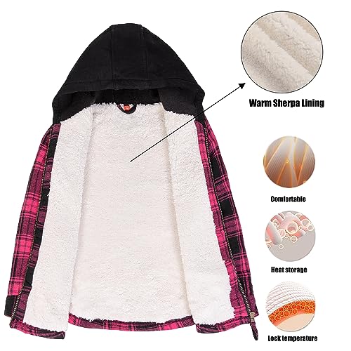 ThCreasa Unisex Toddler Boys Girls Plaid Zip Up Flannel Hooded Jacket Sherpa Lined Shacket with Hand Pockets3