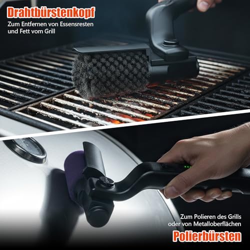 Elektrische Grillbürste：Akku-Betrieben, 180° Verstellbarem Winkel, 3-Stufen Reinigung, Edelstahl-Bürstenkopf, 90 Min Laufzeit, für Gasgrill, Holzkohlegrill, Kugelgrill, Elektrogrill und Grillrost