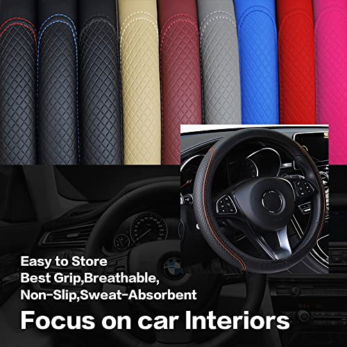 Vargtr Leather Car Steering Wheel Cover,Universal Fits15 Inch Steering Wheel,Breathable, Non-Slip,Elastic Steering Wheel Protector,Automotive Steering Wheel Covers (Black Orange) #TOP2