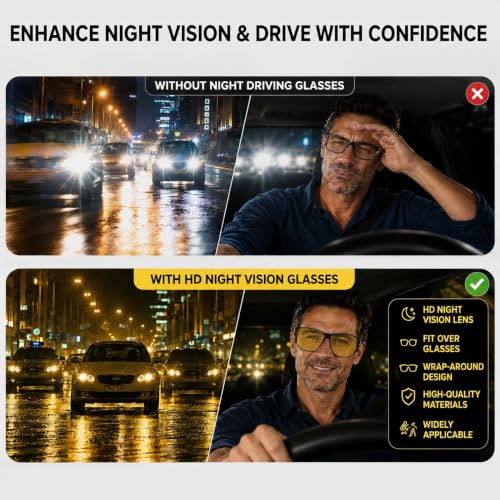 Image of GEGURI Night Vision Glasses, Night Driving Fit Over Glasses Polarized Anti-Glare for Men & Women Yellow Lens