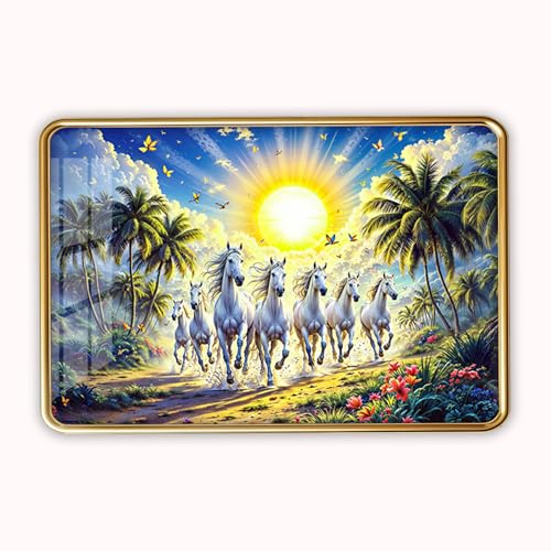 Image of Dharvika Innovations 7 Running Horses Photo Frame, Ultra High Gloss Lamination, Vastu Painting for Living Room, Office, 12x18 Inch (Design 25)