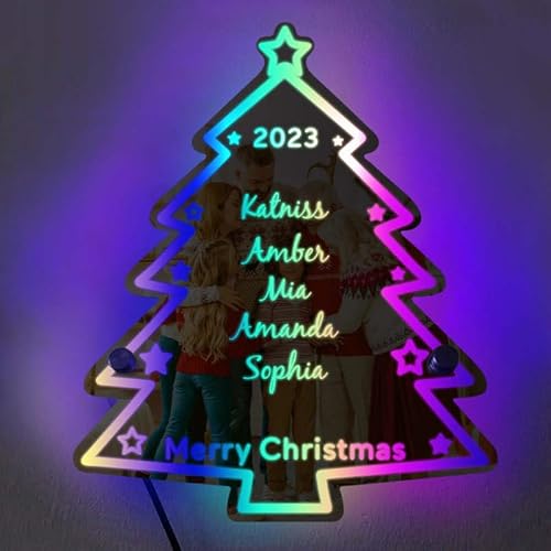 VEELU Personalized Custom Name LED Light Up Mirror, Christmas Tree Wall Decor for Bedroom, Living Room - Custom Name Sign Light for Mom, Wife, Girlfriend