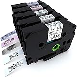 5er Packung Schriftbandkassette für Brother P-touch TZe-MQF31 TZe-MQE31 TZe-231 TZe-131 TZe-931 | Farbe: schwarz auf hellpurpur, rosa, transparent, silber, weiß | Maße: 12 mm x 8 m (0.47 in x 26.2 ft) | Typ: standard laminiert