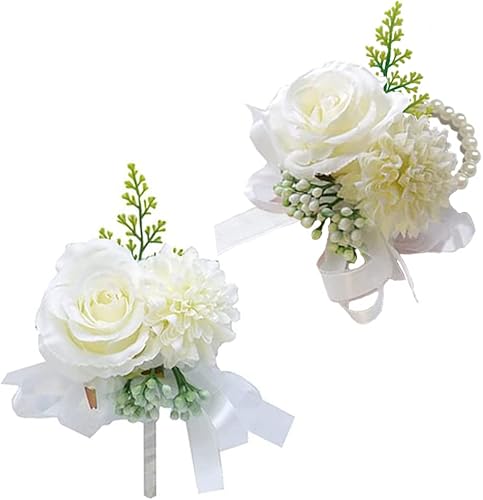 Miniatura 8 de Juego de ramilletes de muñeca de flores de rosas, 2 piezas hechas a mano, juego de ramillete artificial hecho a mano, pulsera de flores de mano para