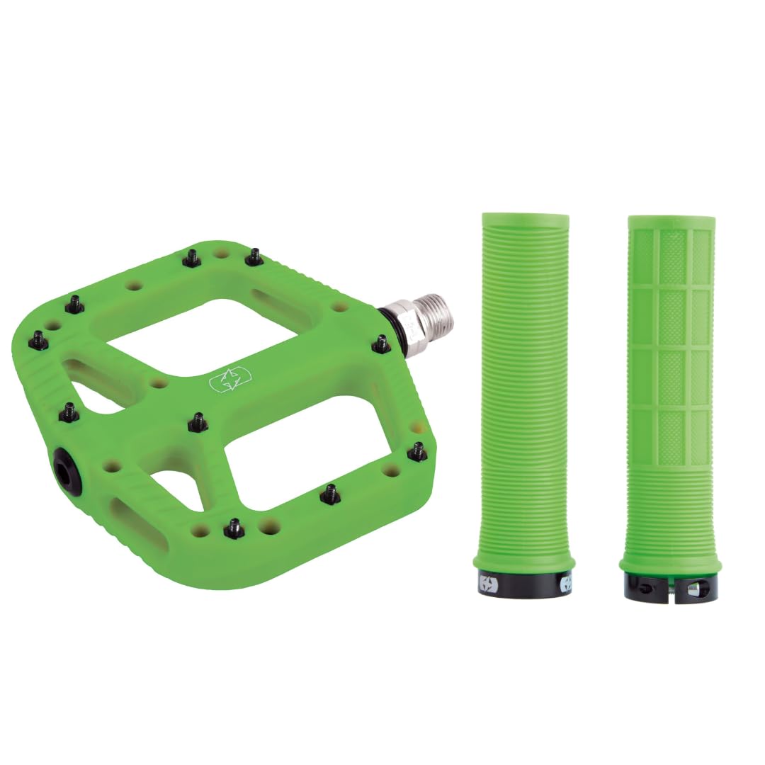 Oxford MTB Grip & Pedal Set – Lock-On Grips + Loam 2.0 Nylon Flat Pedals | Mountain Bike Components, Colour-Matched Pair – Green - Trail Riding, Enduro Biking, Enhanced Grip & Control