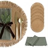 Decorative Boho Table Placemats Set of 6 with Matching Linen-Textured Napkins - Beautiful Natural Decor Elevates Your Dining Room or Kitchen Setting - Easy to Style & Mix with Linen Inspired Material