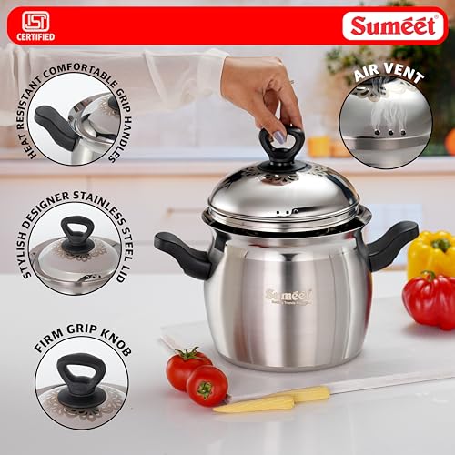 Image of Sumeet ISI Certified Stainless Steel Cook & Serve Pineapple Shape Handi /Cooking Pot with Steel Lid |Induction and Gas Compatible | Capacity - 3000ml -Dia - 18cm, Silver