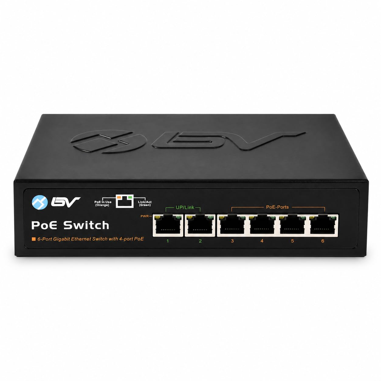 BV -Tech Commutateur Gigabit PoE+ 6 ports (4 ports PoE+ Gigabit avec 2 Gigabit Uplink et Fonction Extension) – 60 W – 802.3at + 1 port PoE haute puissance | Conception sans ventilateur de bureau |