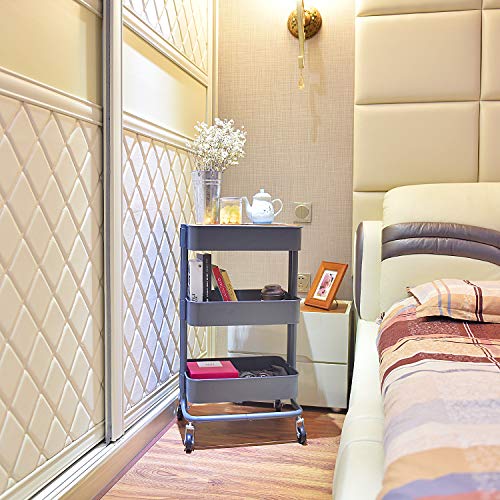 3-Tier Metal Utility Rolling Cart Storage Organizer with Cover Board for Office Home Kitchen Organization, Dark Gray - Thumbnail 7
