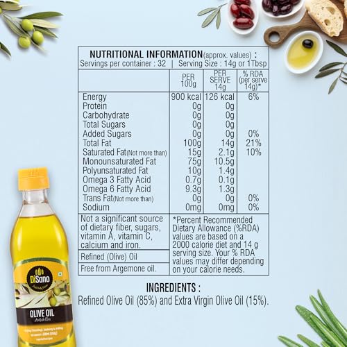 Image of DiSano Pure Olive Oil 500ml, Classic Olive Oil ideal for Sauteing, Grilling and Cooking (Pack of 2)