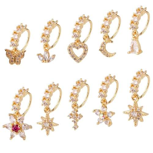 Gosknor 10 Pcs Dangle Nose Stud Rings Hoops, Copper Dainty Star Moon Heart Leaf Dangle Nose Hoop Piercing Jewelry for Women Fashion Accessories(Gold)