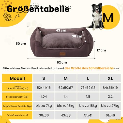 OUPEIWAWA Orthopädisches Hundebett für kleine & mittelgroße Hunde, 62x50x17cm (Schlafbereich 43x38cm), Hundekorb mit hohem Rand, Abnehmbarer & waschbarer Bezug, rutschfest, Dunkelbraun, Indoor/Auto
