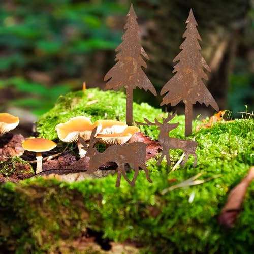 KOOOGEAR Gartenstecker Hirsch mit Tannen 4er Set, Weihnachtsdeko in...