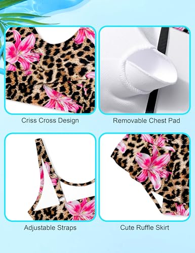 Image of Qaoerde Girls Swimsuit Tropical Print Bikini Set with Ruffle Hem Two Piece Criss Cross Bathing Suits for Girls 7-16 Years