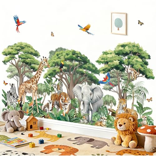 decalmile Large Safari Animals Tree (XXL) Wall Stickers Jungle Animals Giraffe Elephant Tiger Tropical Leaves Wall Decals Baby Nursery Kids Bedroom Playoom Home Decor