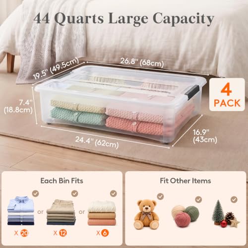Image of Lifewit 44Qt Storage Bins with Lids, Plastic Large Latches Boxes with Wheels, Clear Totes Tubs Container for Closet Organizers and Storage, Bedroom, Clothes, Craft, 4 Pcs