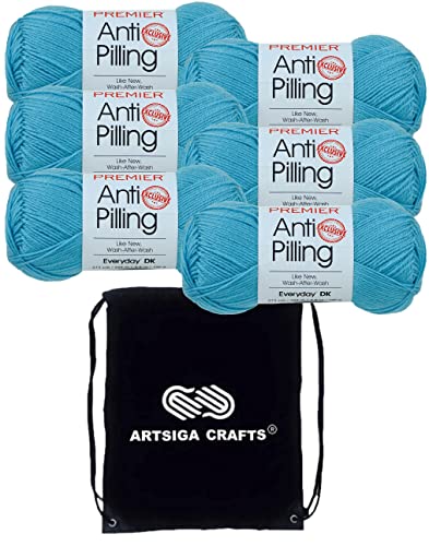 Image of Premier Yarns Anti-Pilling Everyday DK Turquoise 1107-73 (6-Skeins-Same Dye Lot) DK Light Worsted #3 Anti-Pilling Acrylic Yarn for Crocheting and Knitting with Project Bag