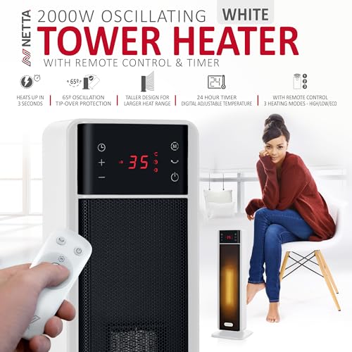 NETTA 23 Inch Electric Heater, 36dB Silent Ceramic Heater, 75° Oscillation Space Heaters Energy Efficient with Thermostat, 24H Timer, Overheat & Tip-Over Protection – White