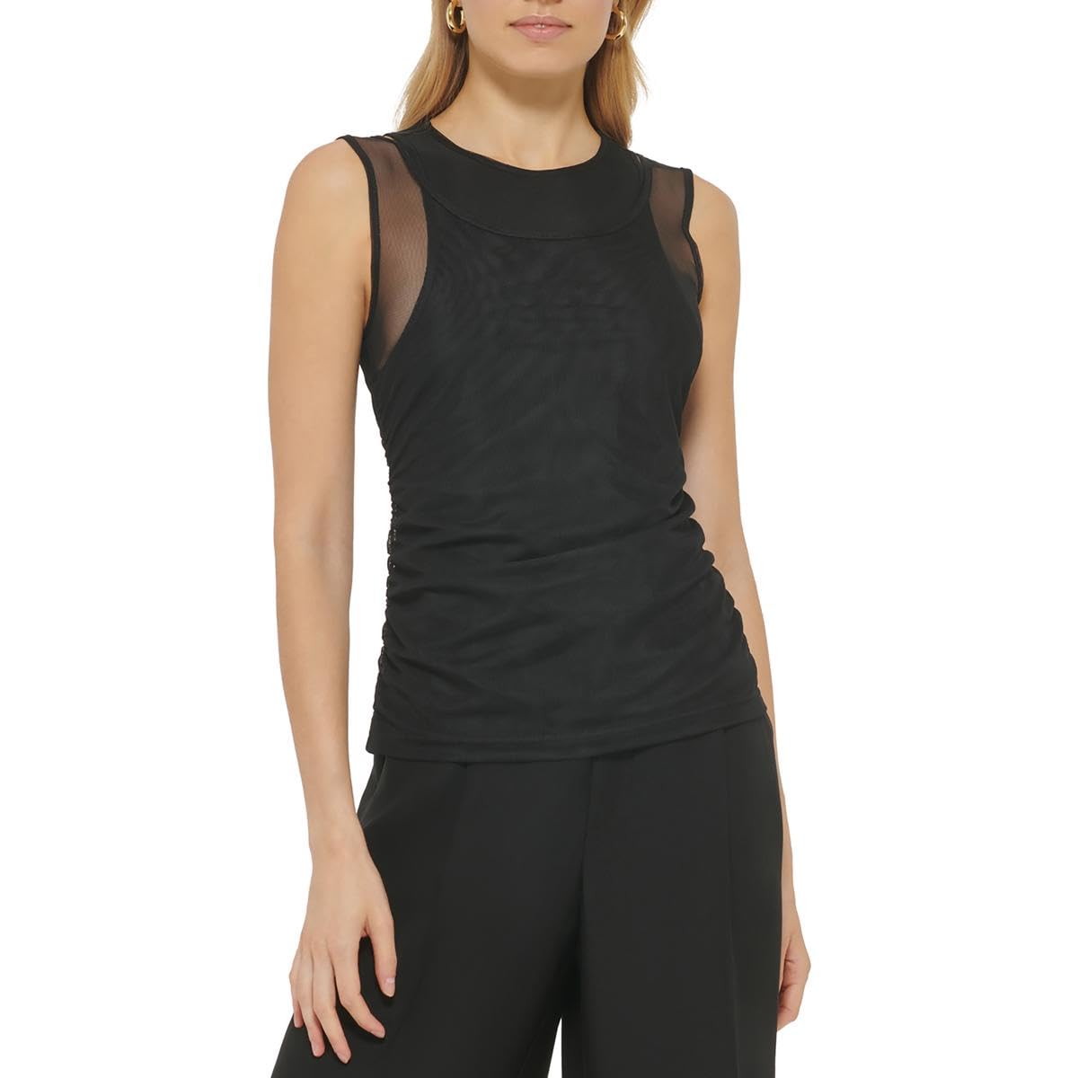 DKNY Womens Mesh-Detail Crewneck Sleeveless Tank Top Black Medium