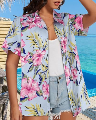 Image of Women Hawaiian Shirt Button Down Summer Tops Beach Short Sleeve Blouse