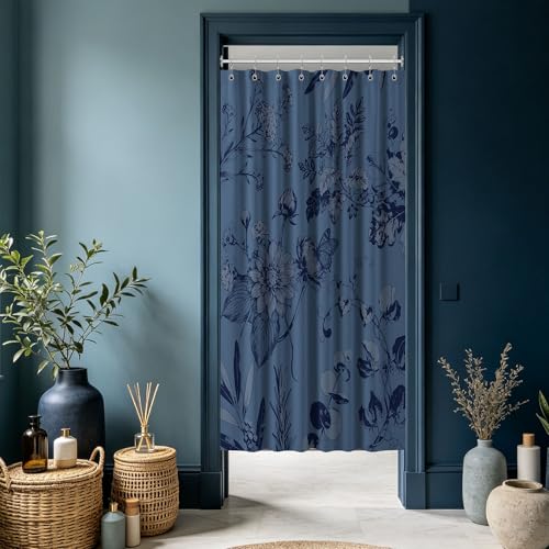 soeeao Dark Blue Botanical Stall Shower Curtain, 48x72 in Narrow Small