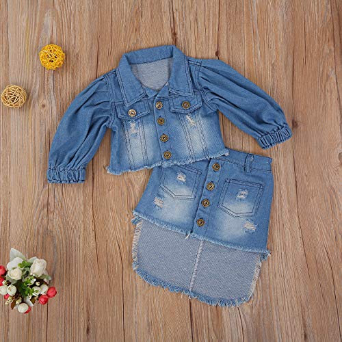 Toddler Baby Girl Denim Skirt Set Fall Long Sleeve Single Breasted Ruffle Denim Jacket Irregular Skirts Outfit (Blue,2-3T) #TOP2