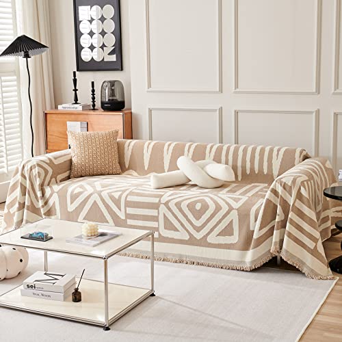 DREAMINGO Boho Sofa Covers for 3 Cushion Couch Chenille Couch Cover for Dogs Geometric Jacquard Sofa Slipcover Living Room Pet Furniture Protector Washable Sectional Couch Covers, 71"x134", Khaki