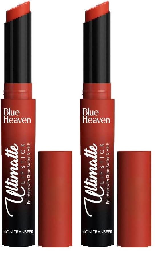 Image of Blue Heaven Ultimatte NonTransfer lipstick for women|Enriched with Shea Butter & Vitamin E| Matte Finish, Smudge Proof & Waterproof Long Lasting Lipstick Upto 12Hrs| 2.2g | 03 Red (Pack of 2)