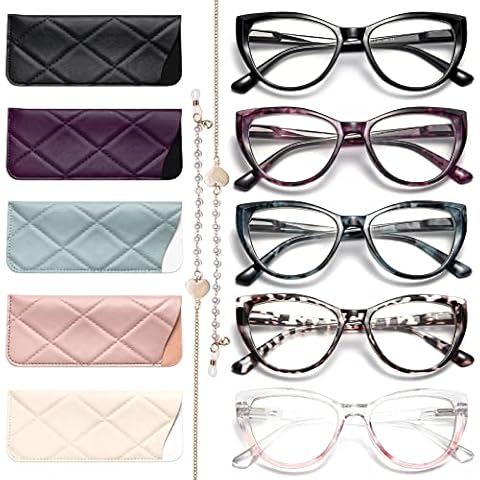 Gaoye 5 Pack Fashion Cat Eye Reading Glasses for Women, Computer Blue Light Readers Anti Glare With Eyeglasses Chain (A 5 PACK MIX, 3.0, multiplier_x) Cover