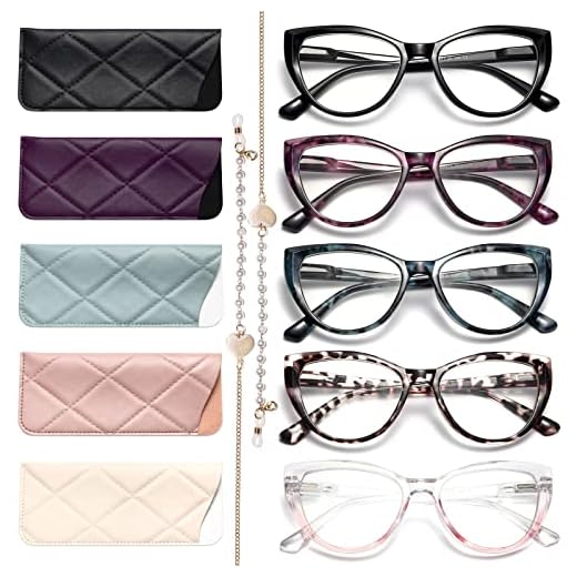 Gaoye 5 Pack Fashion Cat Eye Reading Glasses for Women, Computer Blue Light Readers Anti Glare With Eyeglasses Chain (A 5 PACK MIX, 1.25, multiplier_x)