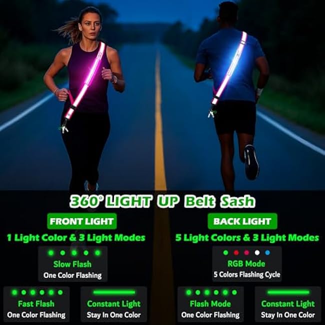 LED Reflective Belt Sash, Rechargeable LED Light Night Safety Walking Gear, High Visibility Adjustable Reflective Gear for Runners Walkers Cyclists at Night (Pink)