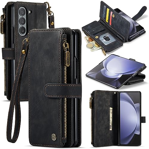 UFinetech Custodia Samsung Galaxy Z Fold 5 2023, Cover Rigida e Sottile con Portafoglio Magnetico, Slot per Carte, Supporto, Cinturino da Polso, Protezione Fotocamera, Slot per S-Pen, Antiurto, Nero