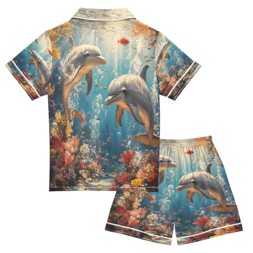 ALAZA Dolphin Beautiful Coral Reef Satin Pajamas Set Short Sleeve Button Down Sleepwear Summer Pjs 2 Piece2