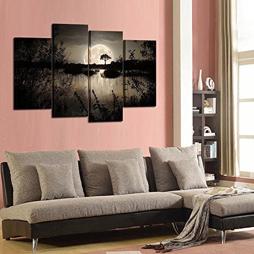 Kreative Arts 9168 4 Pieces Canvas Prints Wall Art Big Moon Over Lake In Dark Forest Modern Canvas Painting Landscape Picture Peaceful Jungle Poster Giclee Artwork thumb #2