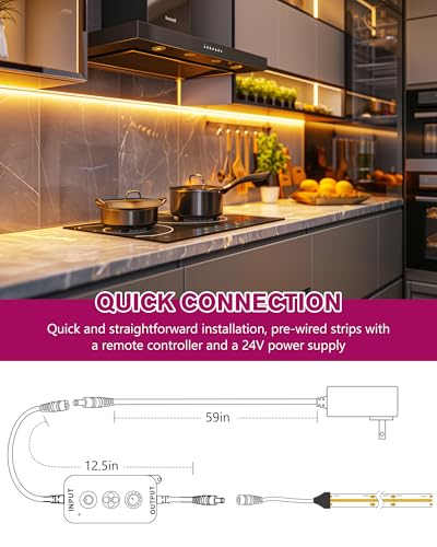 Image of EMITEVER COB LED Strip Lights Kit Warm White with Remote & 24V Power Supply,16.4ft Dimmable Tape Light 2700K, High Density 2400LEDs, 300+LM /FT, CRI90+, Suitable for Bedroom Kitchen Cabinet Lighting