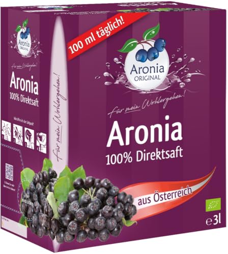 Aronia ORIGINAL Bio Aronia Muttersaft aus österreichischem Anbau | 3 Liter Bio Direktsaft aus 100% Aroniabeeren | Vegan ohne Konservierungsstoffe ohne Zuckerzusatz (lt. Gesetz)
