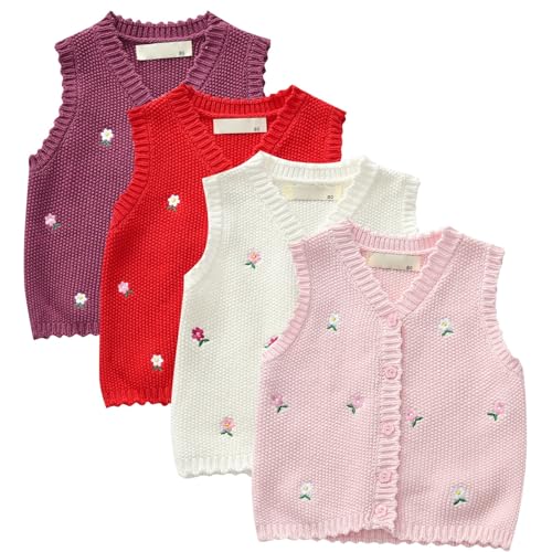 Baby Girls Toddler Floral Knit Sweater Vest, Sleeveless V Neck Cardigan, Infant Button Down Embroidered Flower Tank Tops2
