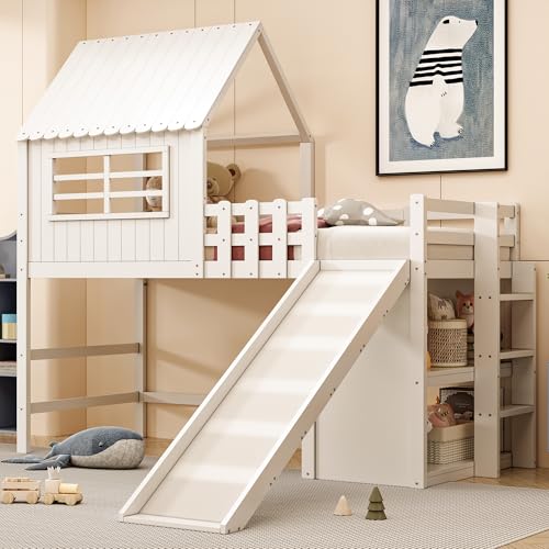 Dolamaní Kinderbett Etagenbett 90x200 cm mit Stauraum Regal und Rutsche, Hochbett mit Rausfallschutz, Holzbett mit Lattenrost, Hausbett mit Dach eines Hauses ohne Matratze (Weiß)