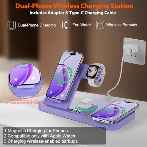 Image of Dual Phone Magnetic Wireless Charging Station for Apple Devices, 7-Color Auto Light & 12H Clock, Multi-Device Charger for iPhone 17 /16 /15, for iWatch 11 /10 /9 & AirPods Pro3(Purple
