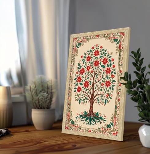 Image of ArtX Paper Floral Art Paintings with Frame for Home Decor, Madhubani Wall Painting for Living Room, Multicolor, Natural Wood Color Frames, Set of 2