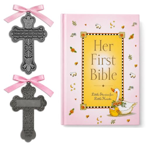 First Bible and 4' Pewter Baptism Guardian Angel Crib Cross (Original Version)