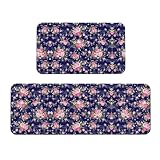 Lot de 2 tapis de cuisine anti-fatigue et chaussures de course à pied avec base bleu marine à imprimé floral - L'emballage comprend un coussin doux de 6 mm d'épaisseur - Lot de 2 tapis de sol de cuisine Dimensions de la housse de tapis de cuisine anti-fatigue : 43 x 120 cm + 43 x 75 cm.