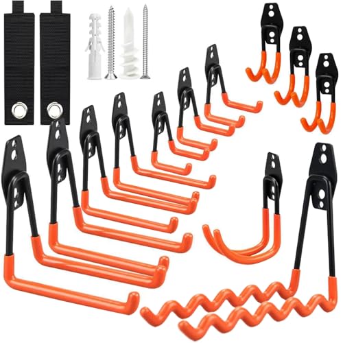 12 Pièces Crochet Rangement Garage, Support Velo Mural Robustes avec 2 Serre Câbles, Accessoires Crochets Muraux avec 24 Clous, Mural Crochet Double pour Vélos, Échelles,Cordes,Tondeuses Gazon(Orange)