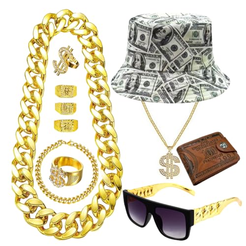 80s 90s Hip Hop Costume Kit Cool Rapper Bucket Hat Accessories Outfit Sunglasses Dollar Sign Gold Chain Unisex