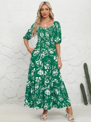 Image of Lyrur Summer Boho Smocked Maxi Dresses for Women Casual Puff Sleeve Square Neck A Line Tiered Ruffle Ankle Length Dress