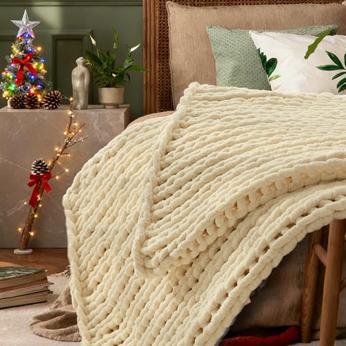 Chenille Chunky Knit Throw Blanket 50'&times;60' 100% Hand Knitted with Thick Jumbo Chenille Yarn for Bed...