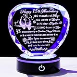 YWHL 15th Wedding Anniversary Crystal Heart Gifts for Couples with LED Base, Laser Engraved Happy 15th Anniversary Keepsake Gift for Wife Husband, Romantic 15 Years of Marriage Gifts for Her Him