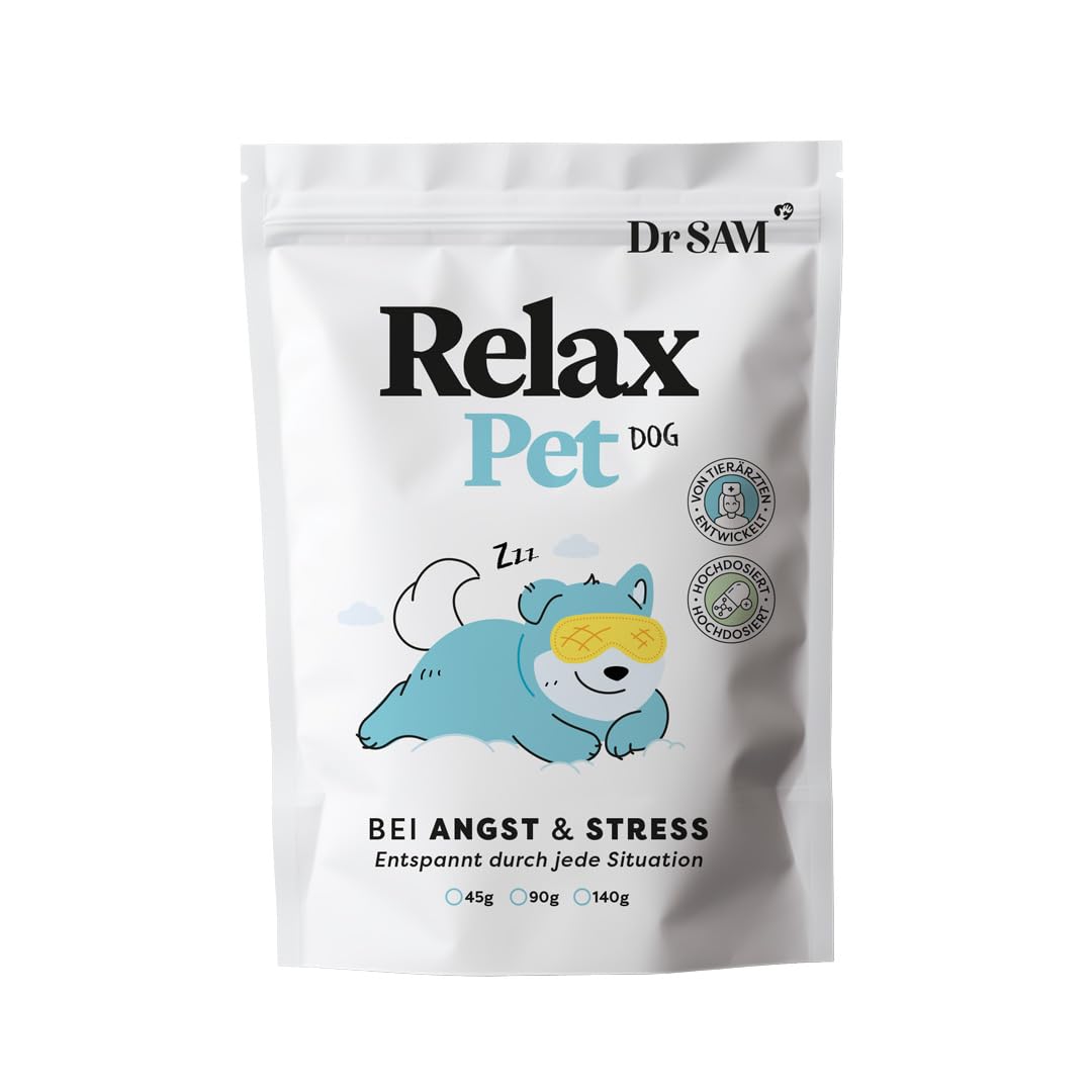 Dr. SAM Polvo antiestrés premium para perros RelaxPet como tranquilizante natural para la relajación en caso de ansiedad y estrés, descanso durante viajes y ocasiones especiales, para el estrés en